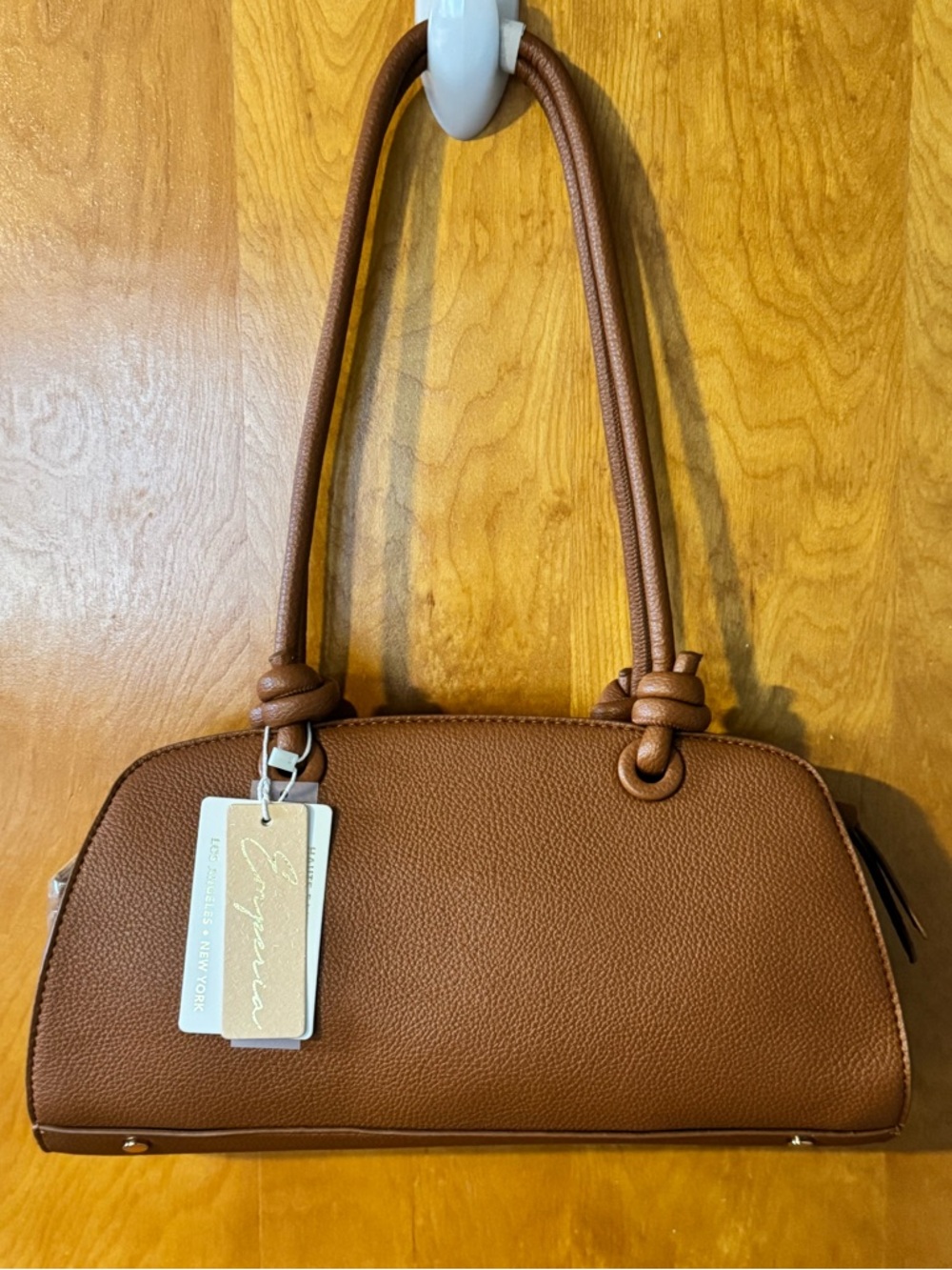 Ello double Handle Vegan Leather Shoulder Bag with Knot Strap brown